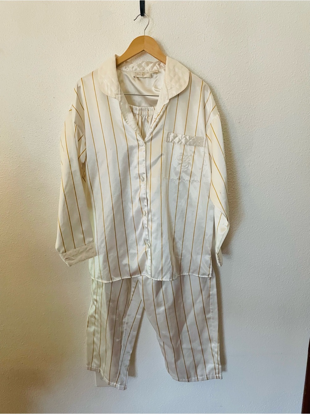 Vintage Gold Label Victoria's Secret Cream & Gold Striped Pajama Set Size Medium